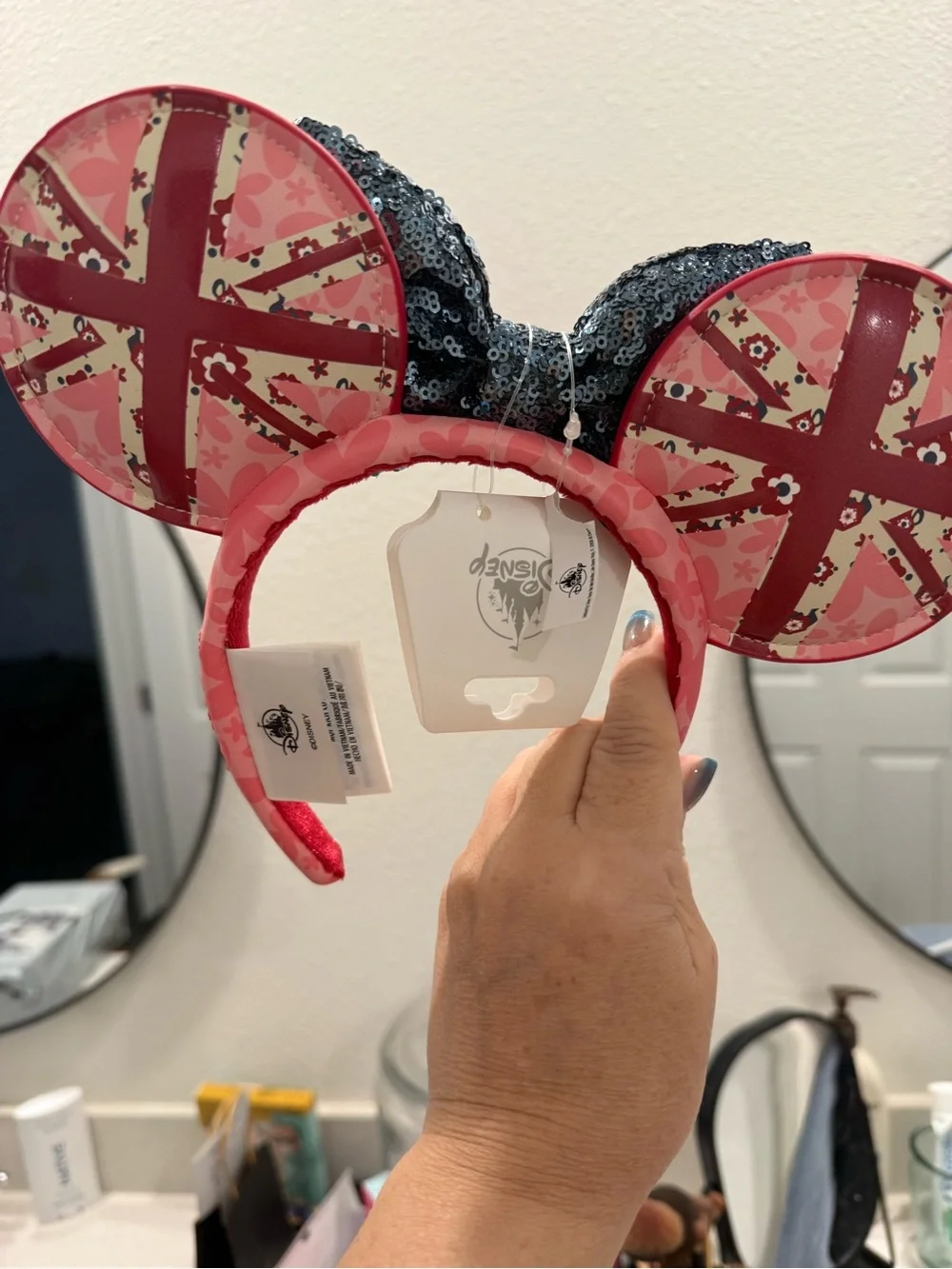 Disney Minnie Mouse Ear Headband with Sequin Black Bow and Pink Accents